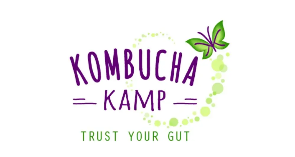 violet word Kombucha Kamp with a butter fly color green and violet and green words Trust your Gut. White background with lemon green small spheres